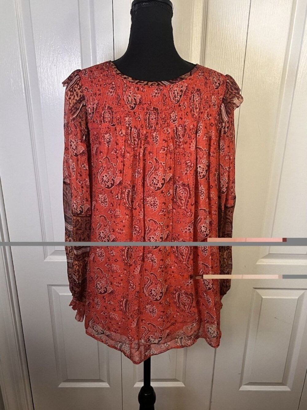 Sundance Long Sleeve Viscose Crinkle Top Sz S Boho Smocked Paisley Peasant V Nec - Picture 7 of 9